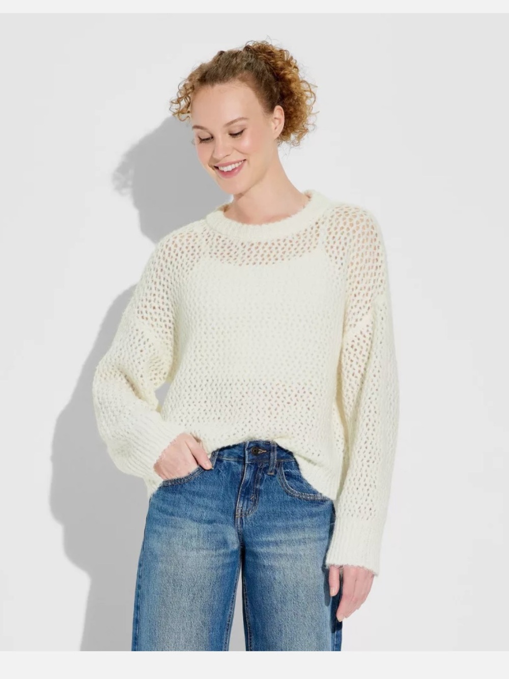 Wild Fable Women's Openwork Crewneck Pullover Sweater Pink NWT